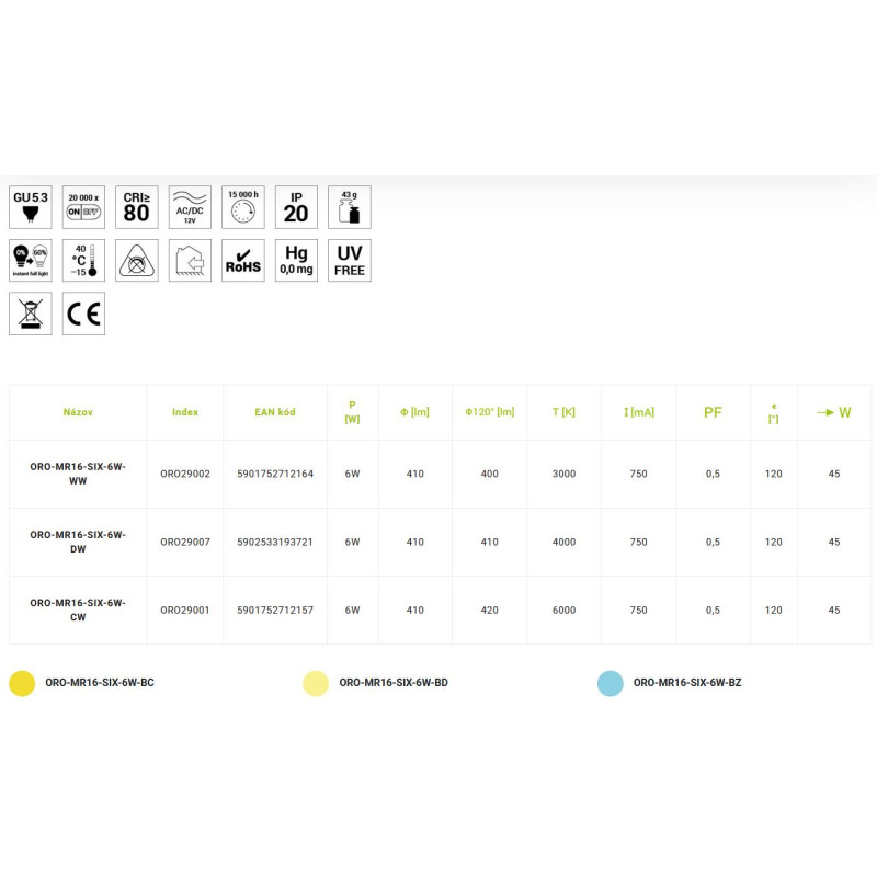 LED žár.ORO-MR16-SIX-6W-WW       3K
