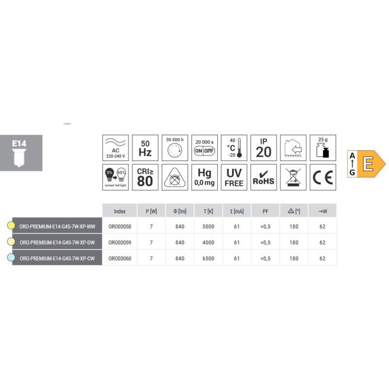 LED žár.ORO-E14-G45-PREM-7W-WW   3K